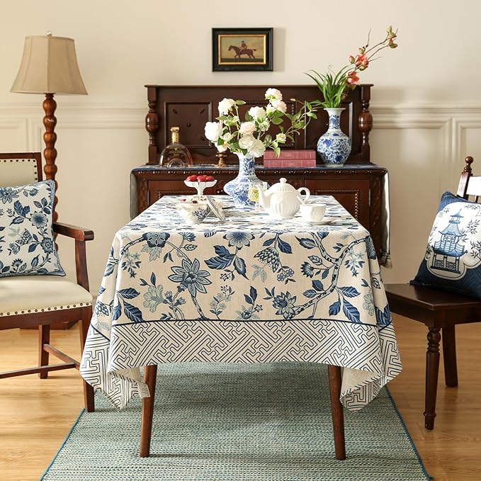 Vintage Blue and White Long Rectangle Tablecloth,French Linen Floral Wrinkle Free Tablecloths,Decorative Table Cover for Kitchen,Dining,Party,Thanksgiving,Christmas,63"*102"-Suqing