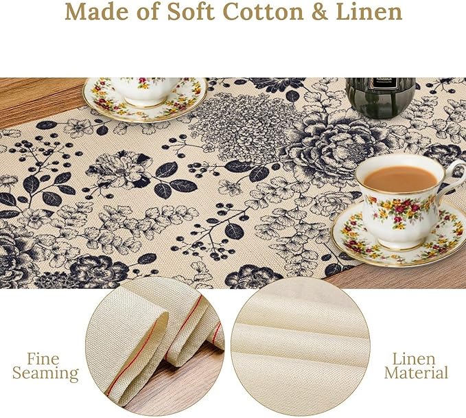 Boho Floral Table Runner, Vintage Rose Peonies Hydrangea Flower Botanical Aesthetic Gothic Beige Black Garden Table Runner for Indoor Outdoor Home Party Holiday Decor, 13x120inch