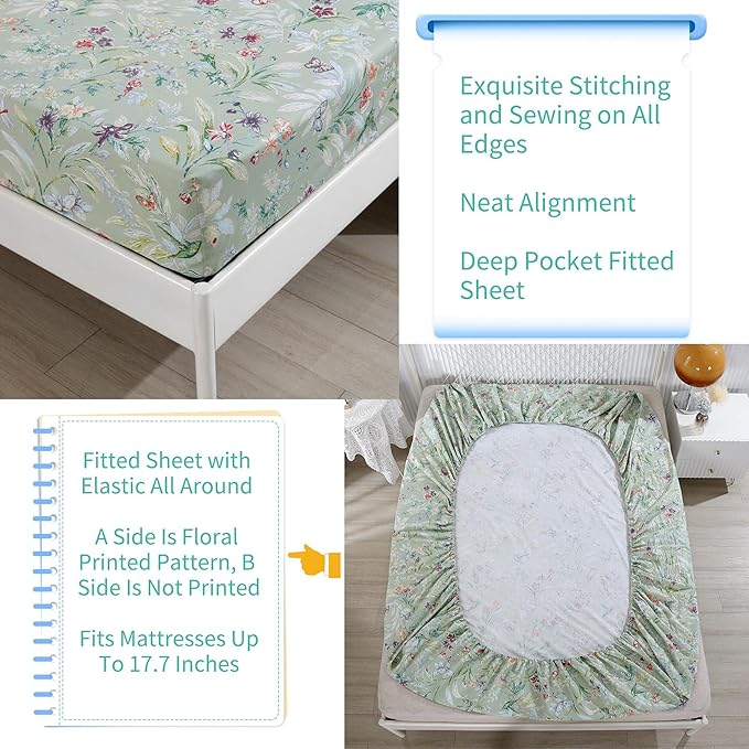 RYNGHIPY Shabby Flowers Print Bed Sheet Collections Egyptian Cotton Garden Floral Sheets (Green Floral,Queen Size)