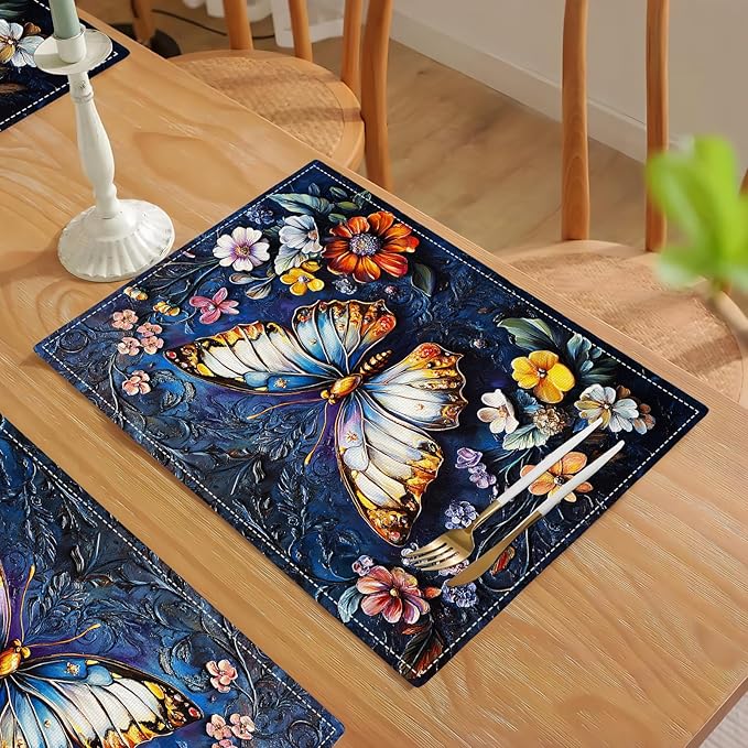 Colorful Butterfly Placemats Set of 4, Spring Place Mats, Florals Dining Table Mats, Rustic Washable Placemats for Kitchen Dining Room Home Decor 18L'' × 12W''