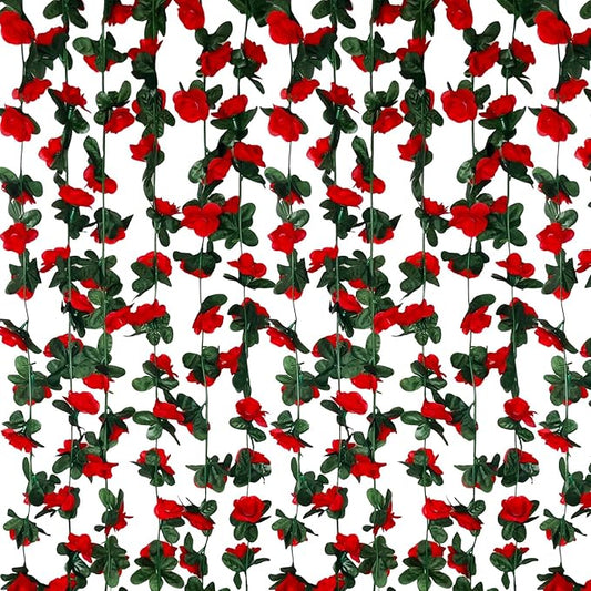 8Pcs 63Ft Red Rose Garland, Fake Rose Hanging Flowers, Artificial Flower Vine, Hanging Floral Vine Garland for Wedding, Birthday Party, Wall Arch, Halloween, Christmas Garden Backdrop Decor