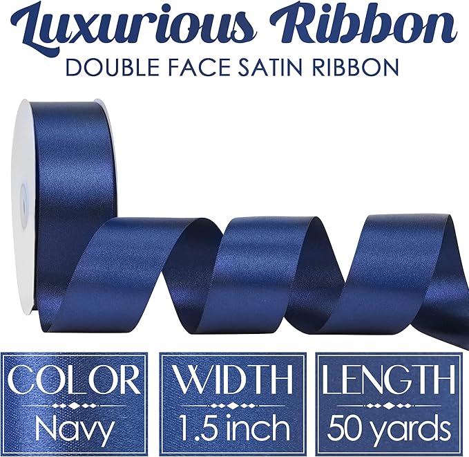 MEEDEE Navy Satin Ribbon 1-1/2 Inch Navy Blue Ribbon Lux Double Faced Satin Ribbons by 50 Yards Navy Blue Polyester Ribbons for Crafts, Weddings, Flower Bouquet, Holiday Decorating