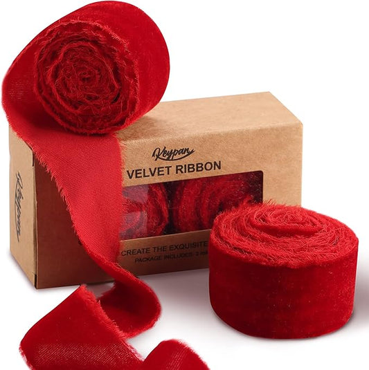 Velvet Ribbon for Gift Wrapping Red Handmade Fringe Ribbons for Crafts Bouquet Christmas Decorations 2 Rolls 1 1/2 Inch x 2 Yd (4 Yards Total)