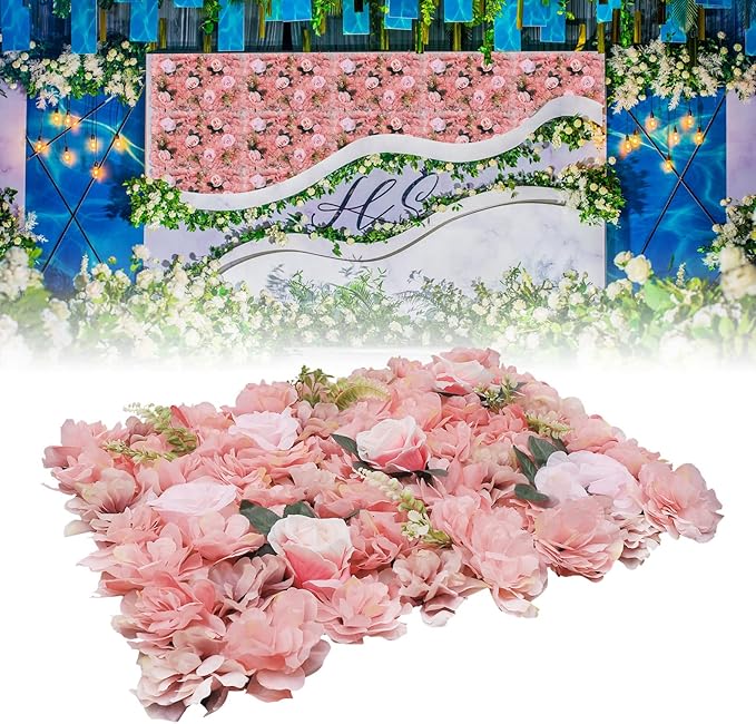 12 Pcs Artificial Flower Wall Panels, 24"x16" 3D Pink Silk Dahlia Hydrangea Rose Flowers Wall Backdrop Artificial Silk Fabric Flower Banquet Wedding Party Decor for Stage Background (Type 4)