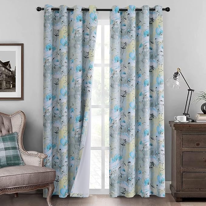 MYSKY HOME Blue Floral Curtains95 inch Length 2 Panels Room Darkening Curtains for Bedroom Thermal Insulated Curtains Classical Floral Grommet Window Curtains Teal and Blue