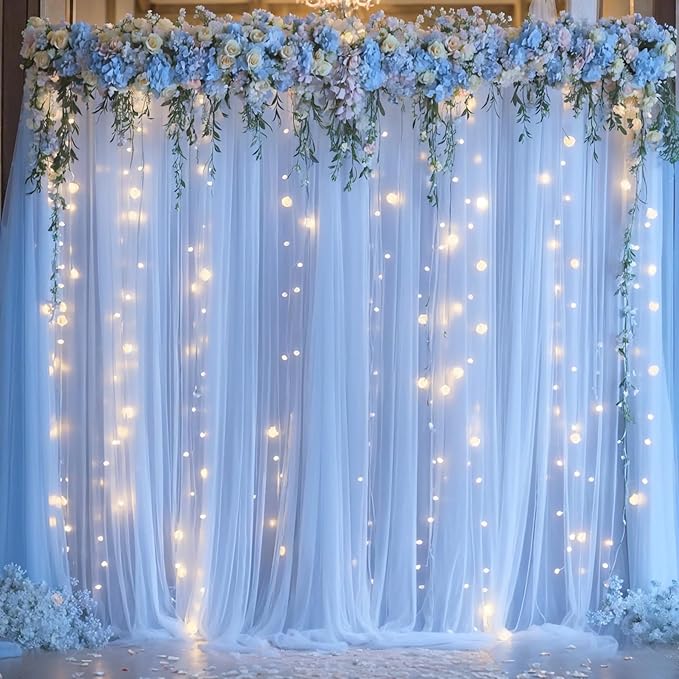 10ft x 8ft Baby Blue Tulle Photo Backdrop Curtain with Lights String for Parties Wedding Sheer Blue Curtain Backdrop for Birthday Party Baby Shower Boy Photo Booth Photography Background Decorations
