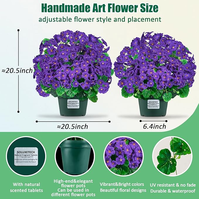 Artificial Handmade Geraniums With Flowers Scent Pots White Pink Purple Lavender Lifelike Faux Geraniums Bushes Fake Flowers for Wedding Party Home Office Indoor outdoor Plants Decor (Lavender color)