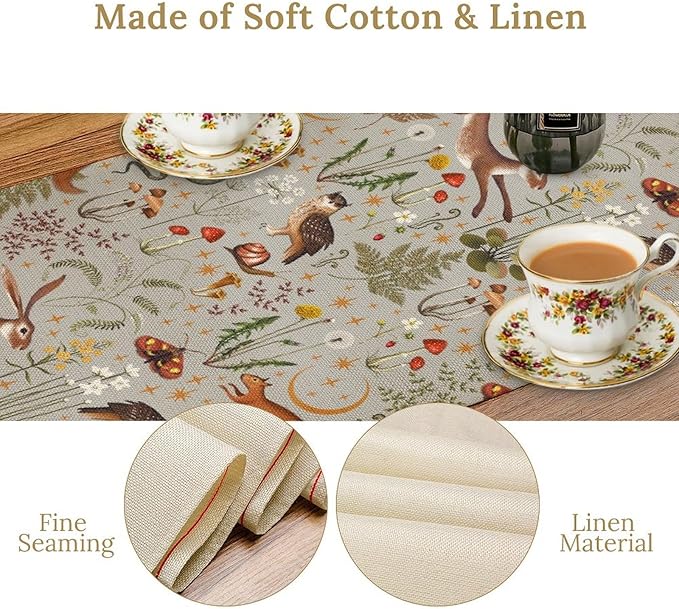 Rustic Forest Table Runner, Retro Country Wild Animals Hare Squirrel Owl Snake Snail Flowers Mushroom Print Table Cover for Home Holiday Party Indoor Outdoor, 13x36inch