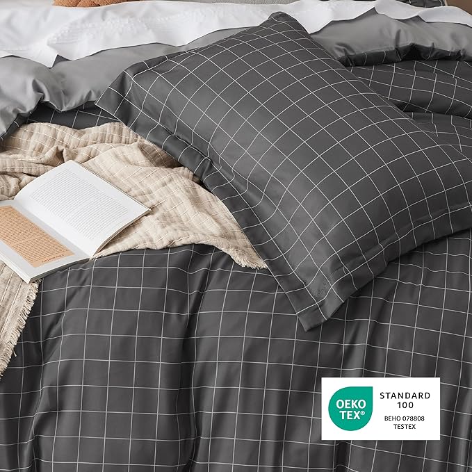 Bedsure Duvet Cover Queen Size - Reversible Plaid Duvet Cover Set with Zipper Closure, 3 Pieces Dark Grey Bedding Set with 8 Corner Ties and 2 Pillow Shams 20"x26"