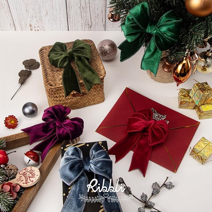Ribbli Dusty Blue Velvet Wired Ribbon 1.5 Inch Velvet with Satin Christmas Ribbon for Gift Wrapping Christmas Tree Decoration Crafts Wreaths Supplies-Continuous 10 Yards