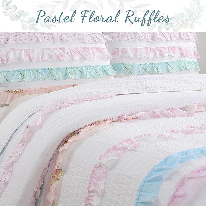 Cozy Line Home Fashions 100% Cotton Chic Ruffle Light Lavender Orchid Blue Flower Print Stripe Bedding Quilt Set, Reversible Coverlet, Bedspread (Chic Ruffle, Twin)