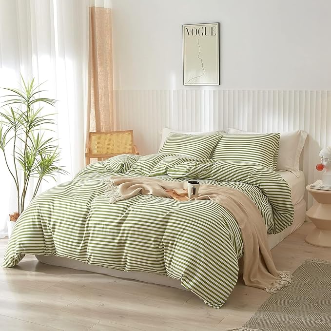 Full Comforter Set 3 Pieces Striped Comforter Set Green White Stripes Pattern Comforter with 2 Pillowcases Modern Style Lightweight Boho Bedding Comforter Geometric Striped Fluffy Comforter Set