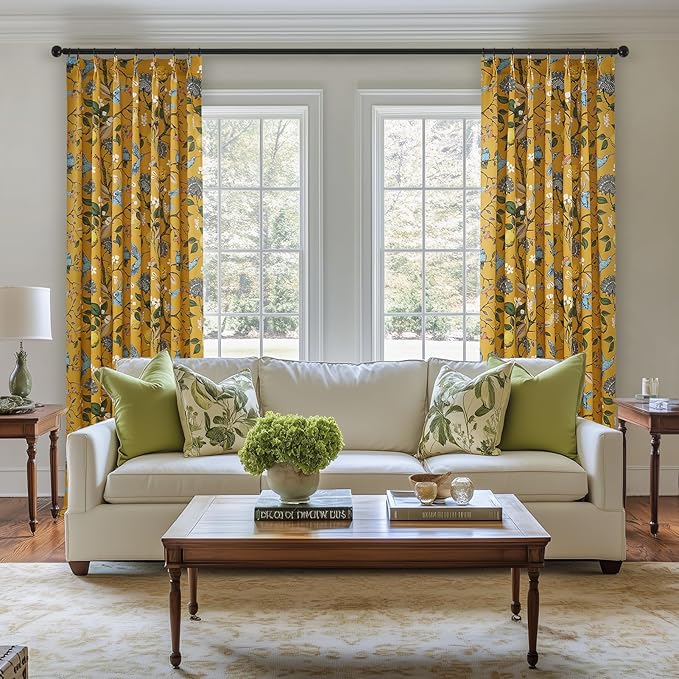 Floral Pattern Curtains for Living Room 72 Inches Long Luxury Whimsical Mustard Yellow Lemon Design Hummingbird Colorful Pinch Pleated Blackout Drapes for Bedroom Dining Room 2 Panels