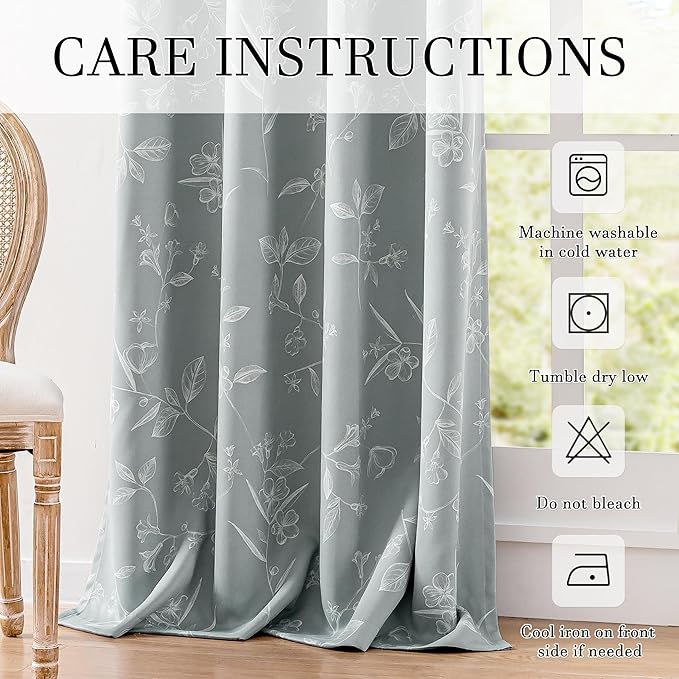 ChrisDowa Grey 100% Blackout Floral Curtains 96 Inches Long 2 Panels for Bedroom Living Room White Flower Patterned Room Darkening Thermal Insulated Soundproof Grommet Window Treatments Drapes,52X96