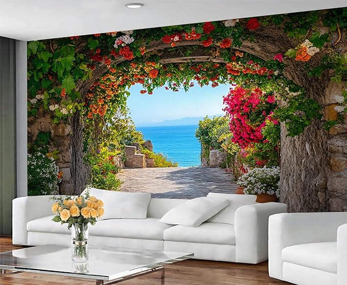 Mediterranean Arch Seaside Wall Mural, Flower Tunnel Ocean View 3D Wall Murals, Greek Island Style Wallpaper Mural, for Living Room Bedroom Large Wallpaper Indoor Decor 98.4" W x68.9 H
