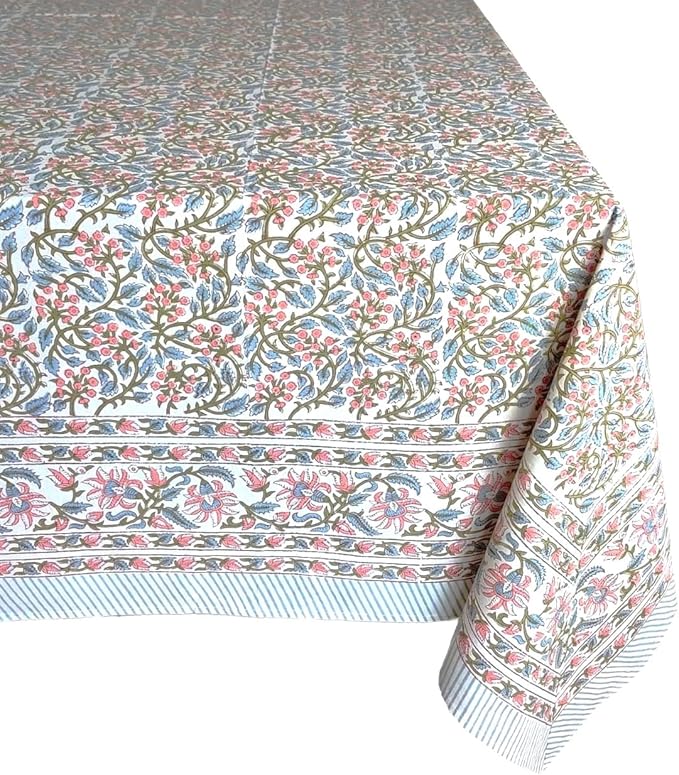 ATOSII Kalina 100% Cotton Rectangle Tablecloth, Handblock Floral Linen Table Cloth for Kitchen Dining Table I Parties Wedding Outdoors I Home Decor 60 X 90 Inches