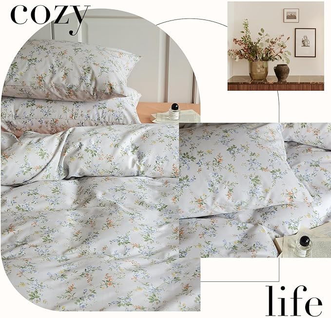 Vintage Style Garden Floral Duvet Cover Full 100% Cotton Aesthetic Floral Pattern Bedding Set Full Boho Flower Botanical Comforter Cover with 2 Pillowcases Cottagecore Bedding Cover for Girls Women