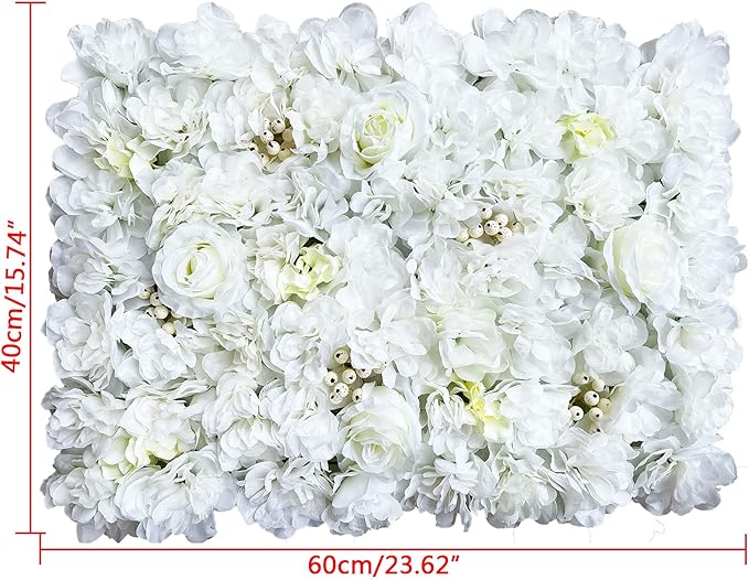 12pcs 24" x 16" Artificial Flower Wall Panel Background,3D White Plastic Hydrangea Rose Flowers Wall Backdrop for Wedding Party Event Photo Backdrop Wall Decor (White)