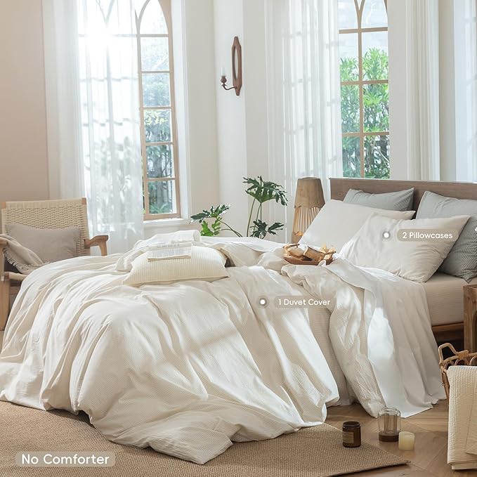 MooMee Striped Duvet Cover Set 100% Washed Cotton Linen Like Textured Breathable Durable Soft Comfy (Almond Milk Grey Pinstripes, Super Queen 90"x98")