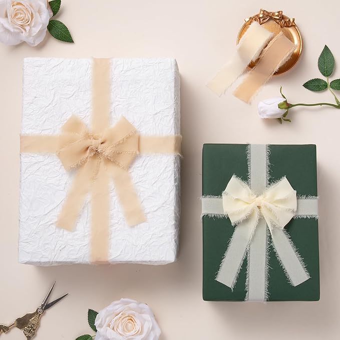 DORIS HOME Nude and Ivory Chiffon Ribbon for Flower Bouquet, 1" x21Yd Fabric Ribbon for Gift Wrapping, Handmade Frayed Ribbon for Wedding Invitations/Christmas Decorations