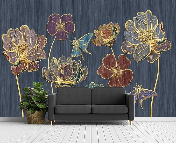 Embossed Golden Flower 3D Wall Mural Wallpaper for Bedroom 137" x 100"