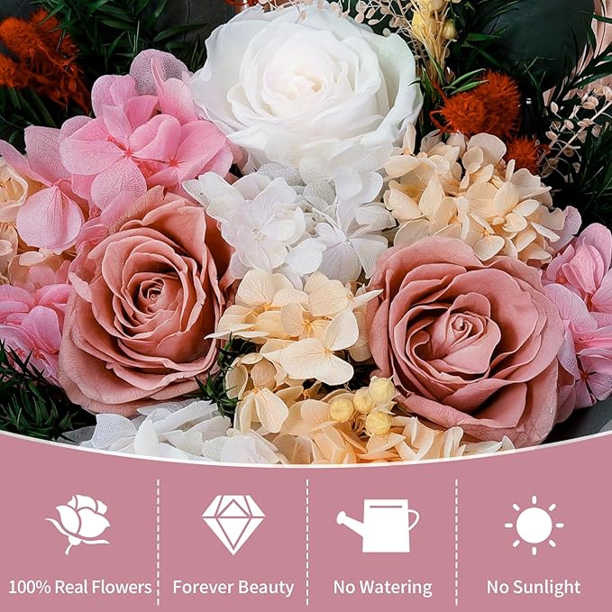 Lewondr Flower for Delivery, Preserved Flowers Bouquet, Pink Roses Bouquet, Real Long-Lasting Forever Birthday Flowers Gifts for Mom Women Wife Grandma Her Mothers Day Anniversary, Dusty Rose