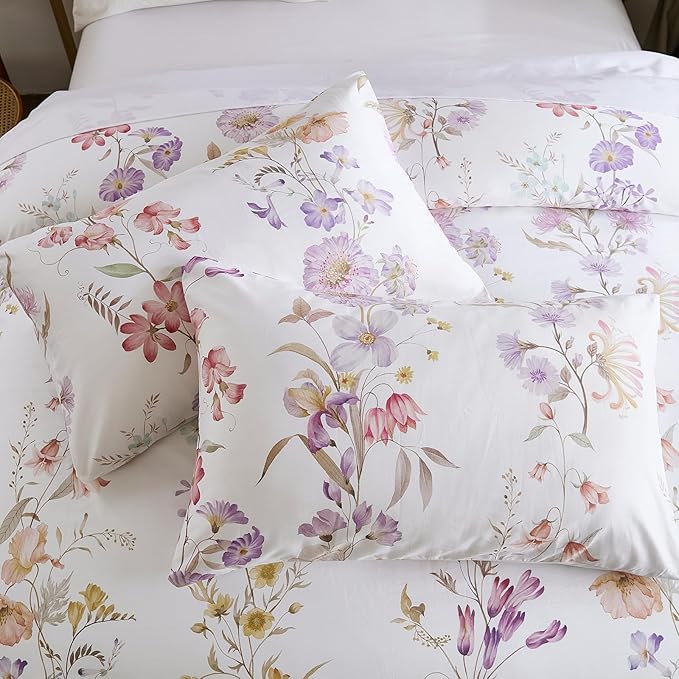 100% Cotton Duvet Cover Queen Size – Pastel Lavender Print Vintage Bedding Set with Zipper Closure, 3 Pieces Luxury & Silky Soft Comforter Cover for All Seasons