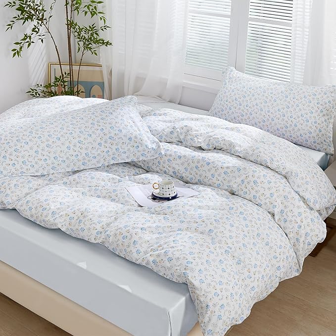 SAPHREAS Blue Yellow White Floral Duvet Cover Set Soft Microfiber Bedding Set Garden Style Spring 3pcs King Size 1 Duvet Cover with Zipper Closure 8 Ties 2 Pillow Shams