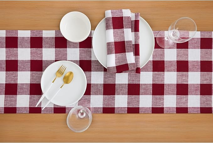 Solino Home Checkered Table Runners 72 Inches Long - 100% Pure Linen Burgundy and White Buffalo Check Table Runner 14 x 72 Inch Ideal for Dresser, Dining, Valentines