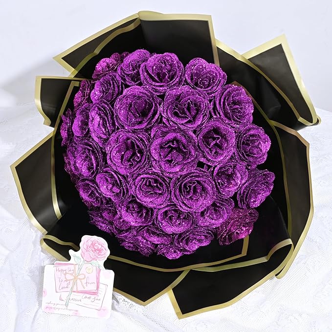 Waipfaru Glitter Roses Bouquet, DIY Fake Flowers Bouquet, Birthday Gifts for Women Mom, 36 Pcs Purple Rose for Wife Girlfriend Valentines, Mothers Day, Anniversary, Graduation
