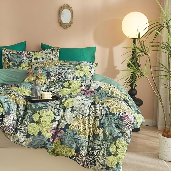 EAVD Tropical Leaves Duvet Cover Twin XL Soft Cotton Chic Shabby Leaf Pattern Bedding Set with 2 Pillowcases Fresh Botanical Duvet Cover with Zipper Closure