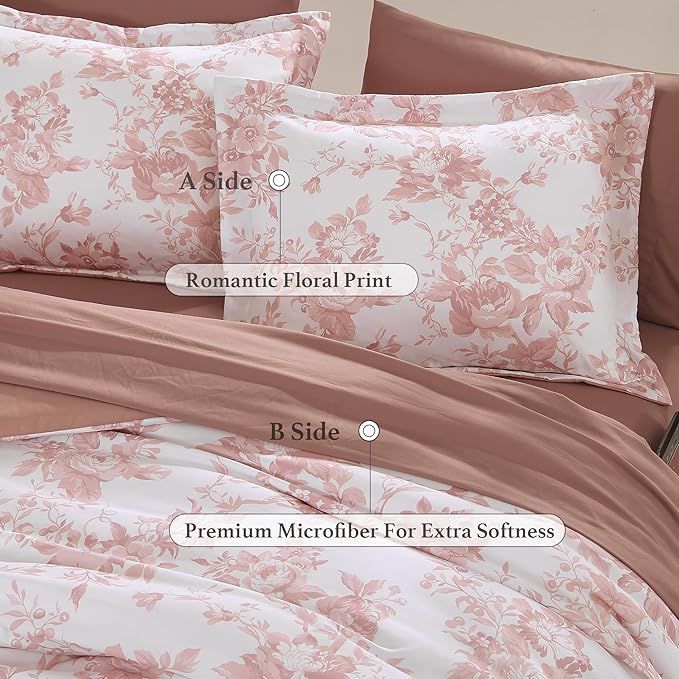 King Comforter Set -7 Pieces Pink Floral Comforter Set for All Seasons, Bed in a Bag King with Botanical Flowers Comforter, Sheets, Pillowcases & Shams