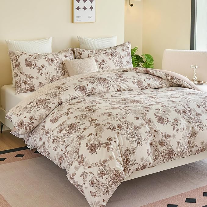 Brown Floral Duvet Cover Set 100% Percale Cotton King Size Shabby Vintage Toile Flower Printed Comforter Covers with Zipper, Soft & Breathable French Country Bedding 3Pcs-Not Comforter