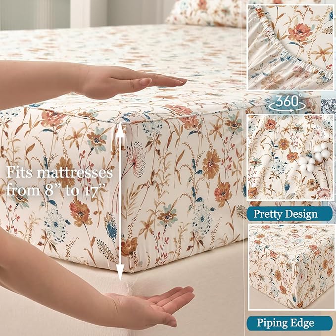 Zusbest California King Sheets Set 100% Percale Cotton - Boho Floral Botanical Printed Bedding with Deep Pocket 17.5'', Vintage Burnt Orange & Teal Design, 4-Piece Soft Breathable Sheets