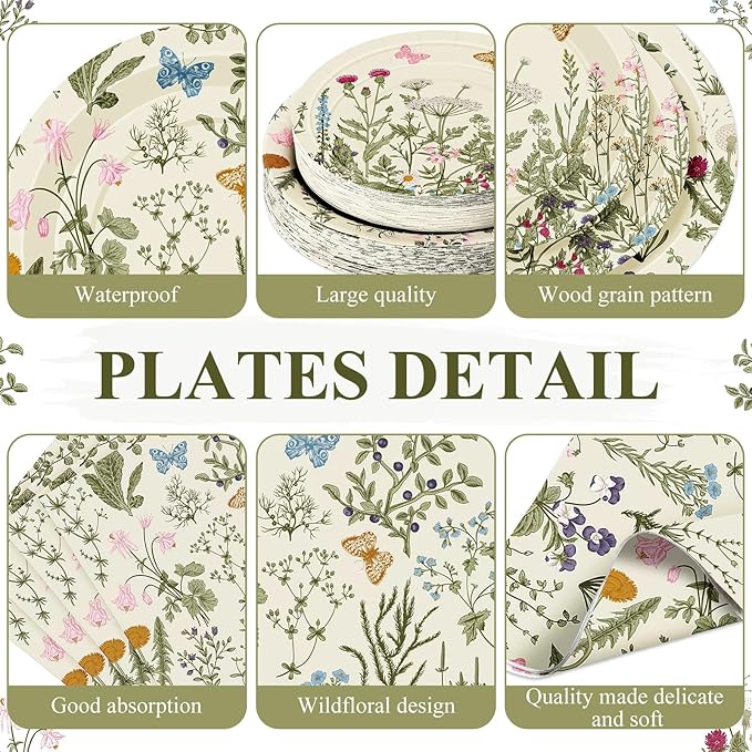 250 Pcs Wildflower Party Decorations Include Spring Summer Floral Paper Plates Napkins and Cups for Wildflower Baby Shower Tea Decorations, Serve 50 Guest(Light Green,Vintage Style)