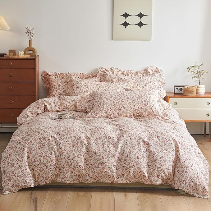 LifeTB Pink Flower Comforter Set Queen Floral Printed Aesthetic Bedding Set Vintage Garden Style Floral Comforter with 2 Pillowcases Girls Cute Flower Botanical Bedding Queen Bed Comforter Set