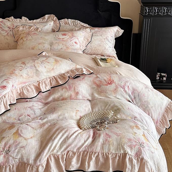 HighBuy French Ruffle Duvet Cover Queen Size,Pink Floral Chic Cottagecore Bedding Set Linen Breathable for Hot Sleepers,Yarn-Dyed Textured Comforter Cover Set - 1 Duvet Cover 2 Pillowcases