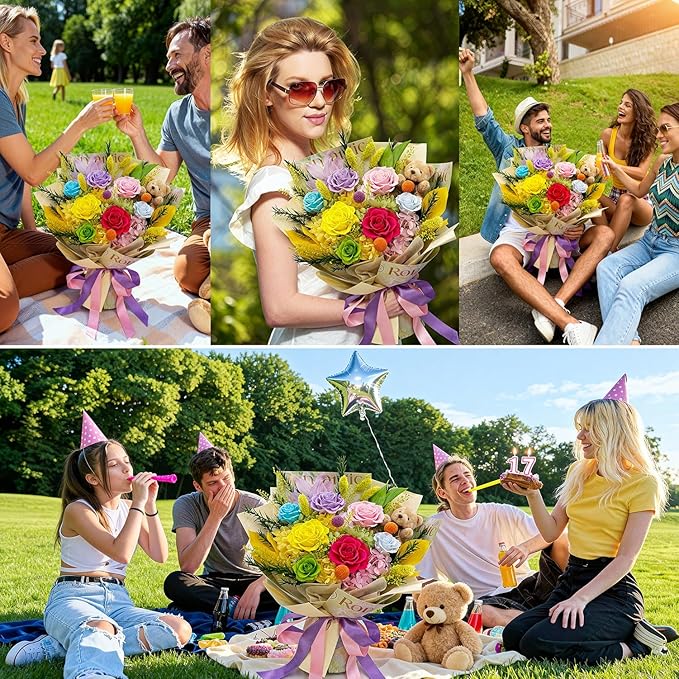 Preserved Bouquet with Bear: Big Flowers Big Love-Romantic Gifts for Her Wife Girlfriend Mom-Flowers for Delivery Prime on Christmas Valentines Day Anniversary Mothers Day (dopamine1)