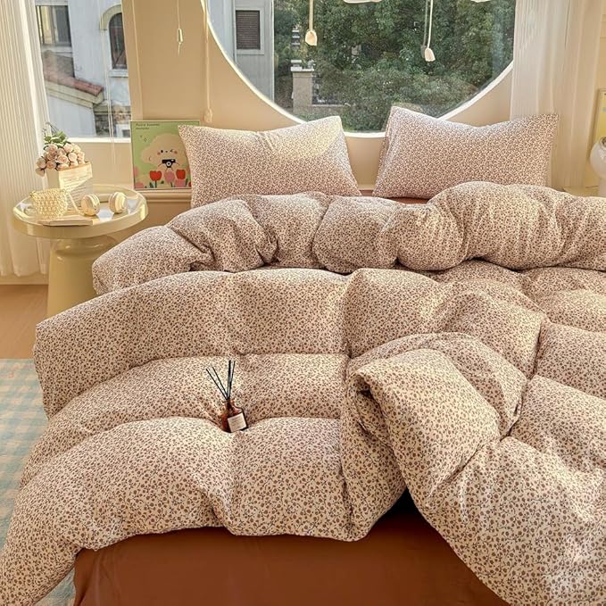 EAVD Chic Garden Small Floral Duvet Cover Queen Soft 100% Muslin Cotton Feel Gauze Vintage Floral Bedding Set with 2 Pillowcases Cottagecore Botanical Print Duvet Cover with Zipper Closure