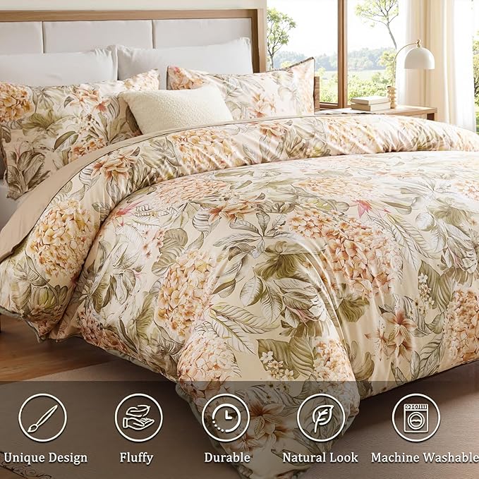 100% Cotton Duvet Cover Queen Size – Hydrangea Lily Floral Duvet Cover Set with Zipper Closure & Corner Ties, 3-Piece Silky Soft & Breathable Apricot Bedding Set for All Seasons