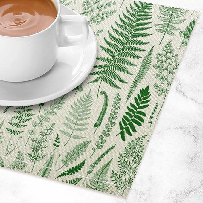Vintage Leaves Placemats Set of 4, 17x12 Inch Green Boho Abstract Aesthetic Tropical Botanical Leaves Modern Art Printed Table Mats for Home Party Kitchen Dining Decor