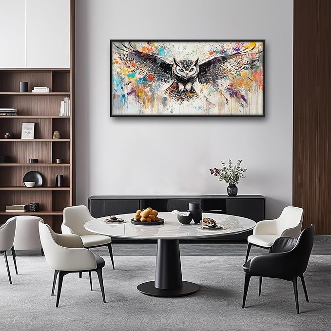Large Banksy Owl Wall Art for Living Room, Framed Oversized Owl Wall Decor Wild Animal Canvas Painting Pictures Modern Artwork for Living Room Bathroom Bedroom Office Dining Room 60"x30"