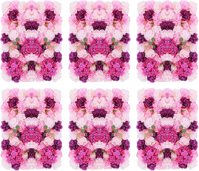 Flower Wall Panel Set,Artificial Wall Flower Backdrop,6Pcs 23.62 * 15.74 3D Silk Hydrangea Rose Floral Panel,Faux Roses Artificial Flower Backdrop for Wall Decor (6PCS Pink, Purple)