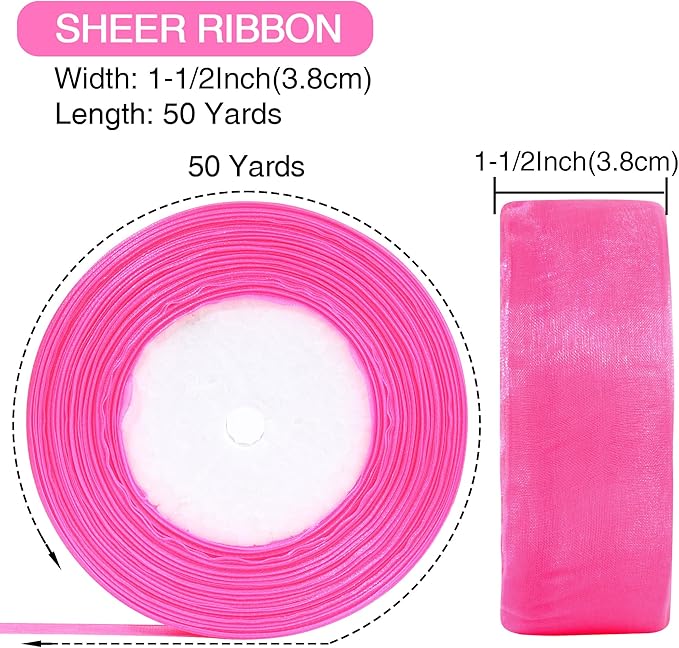 1-1/2 Inch x 50 Yards Sheer Organza Ribbon Chiffon Ribbon for Gift Wedding Flower Bouquet Wrapping Decorations Crafts (Hot Pink)