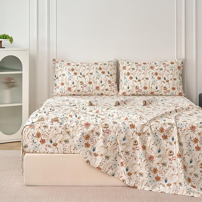 Zusbest California King Sheets Set 100% Percale Cotton - Boho Floral Botanical Printed Bedding with Deep Pocket 17.5'', Vintage Burnt Orange & Teal Design, 4-Piece Soft Breathable Sheets