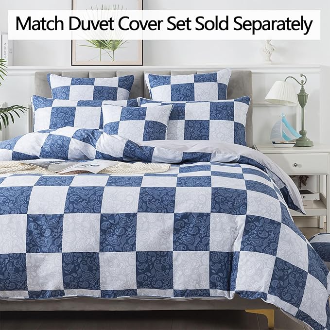 FADFAY Paisley Queen Size Plaid Navy Blue Sheets 100% Cotton Geometric Checker Bedding Teens Grid Grey Gingham Pattern College Bedding Deep Pocket Sheets with 2 Pillowcases Ultra Soft 4pcs, Queen