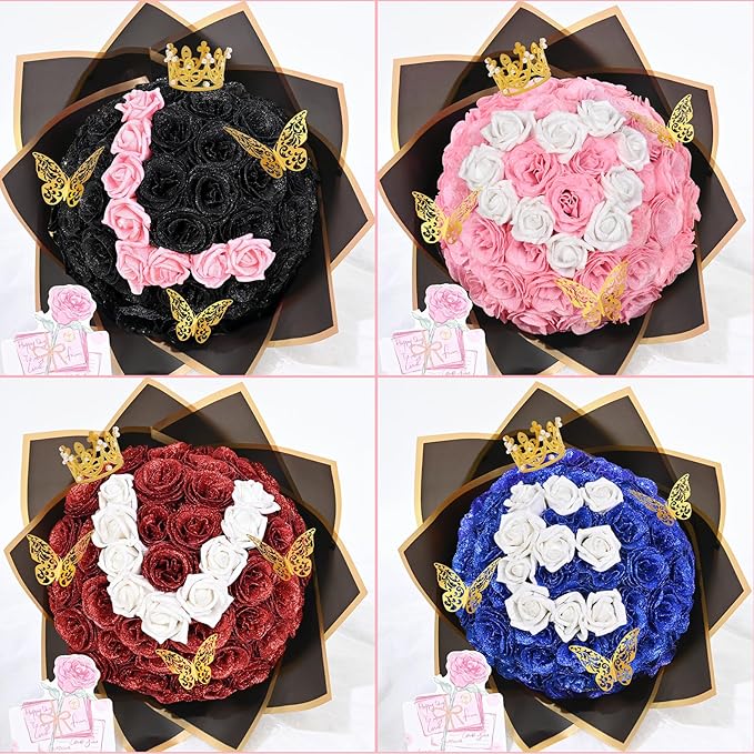 36+20 Glitter Roses Bouquet, DIY Fake Flowers Bouquet, Craft The Initials of Your Loves' Name with Artificial Rose Bouquet for Valentines, Anniversary, Wedding, Blue & White