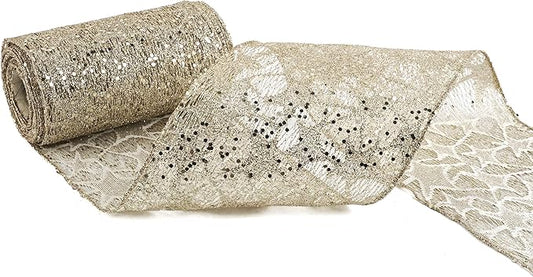 MEEDEE 6 Inch Wide Wired Ribbon Champagne Gold Glitter Mesh Web Wired Edge Ribbon by 10 Yards Roll Champagne Mesh Wired Ribbons for Christmas Tree, Garland, Wreaths, Bows, Centerpiece, Gift Wrapping