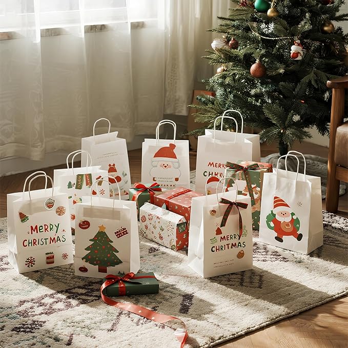Ginkgo 100 Pack Paper Gift Bags with Handles, Medium Size White Paper Bags Bulk, 8x4.25x10.25 Kraft Bag for Shopping, Grocery, Business, Retail, Party Favor, Takeout, Goodie, Craft