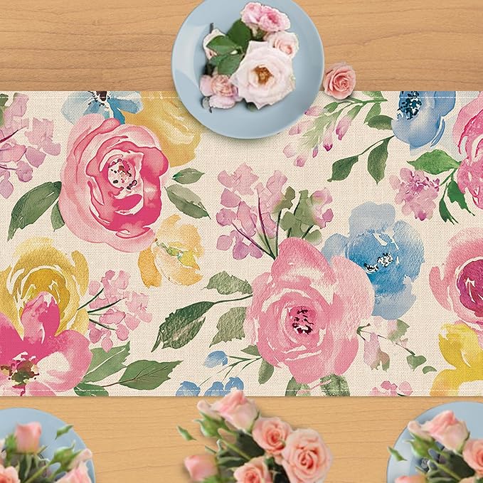 Seliem Spring Summer Watercolor Flower Table Runner, Peony Floral Kitchen Dining Table Decor, Seasonal Burlap Home Decoration Indoor Outdoor Party Supply 13 x 72 Inches